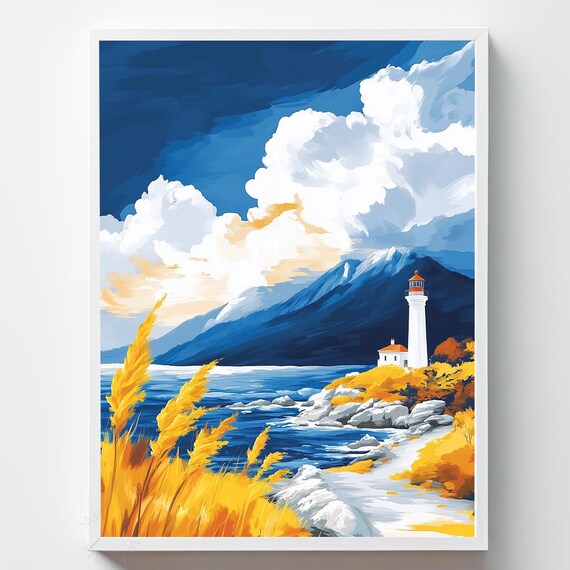 Moody Lighthouse Coastal Art Print Beach Scene Painting