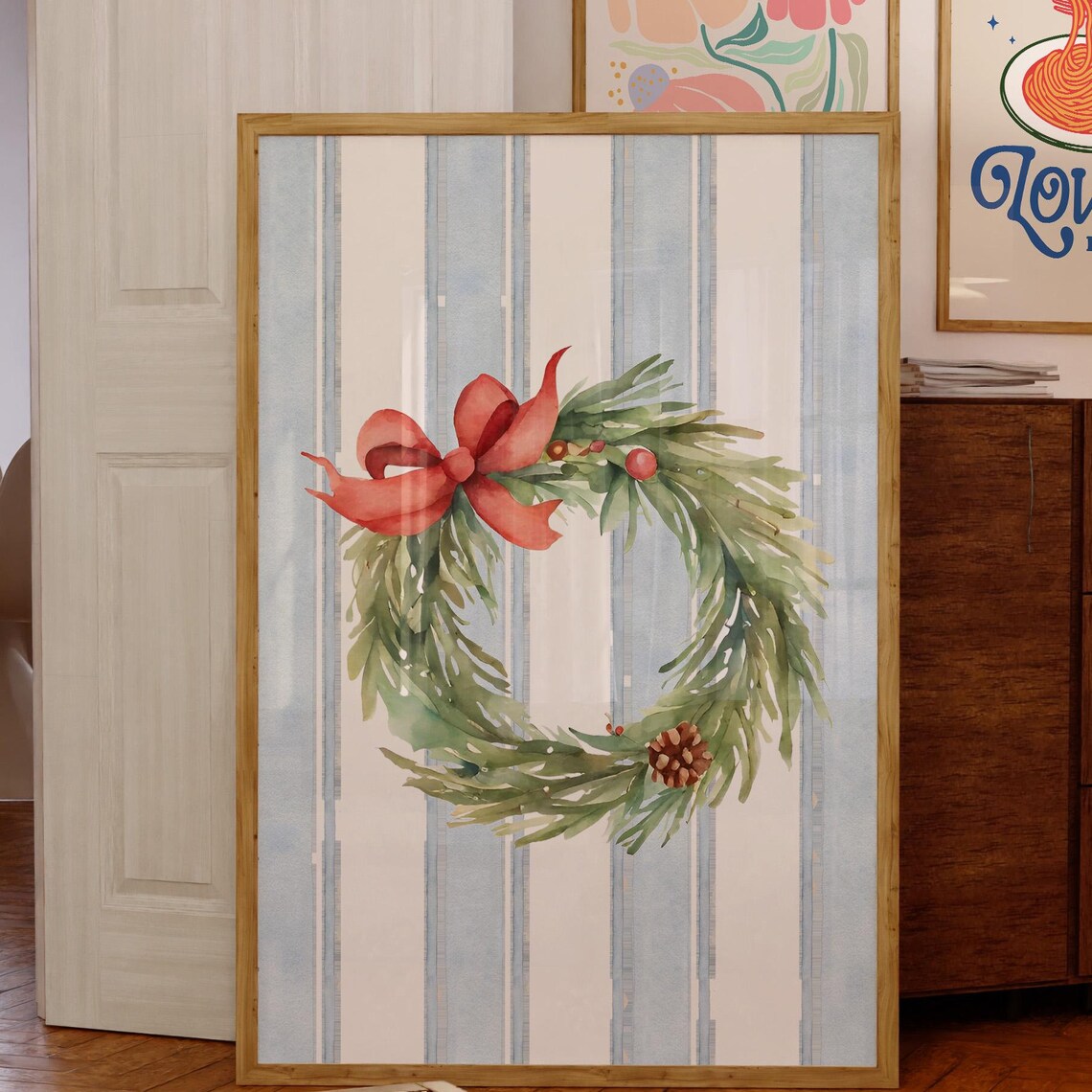 Christmas Wreath Watercolor Red Bow Holiday Season Wall Poster