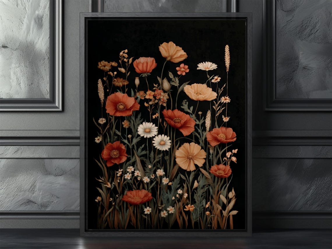 Dark Floral Wall Art Vintage Poppy Daisy Botanical Print