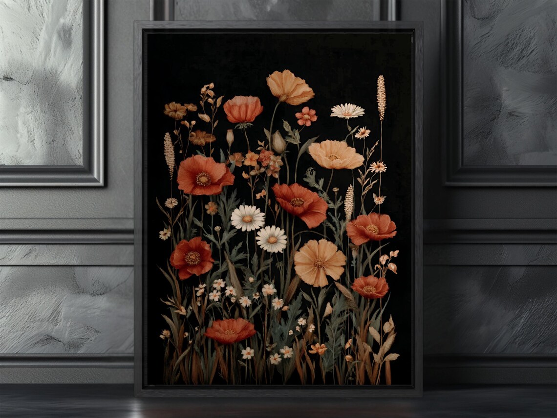 Vintage Red Poppy Wildflower Meadow Black Background Floral Art Poster