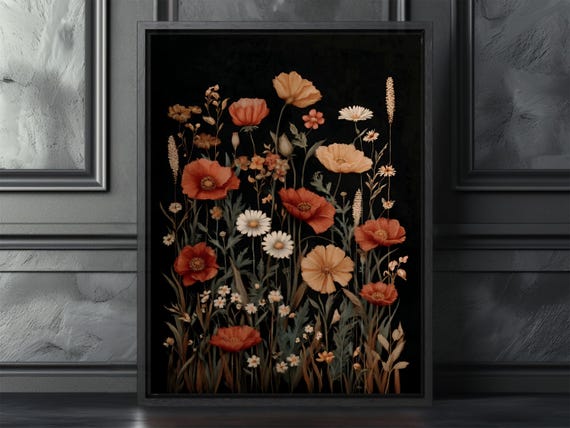 Dark Floral Wall Art Vintage Poppy Daisy Botanical Print