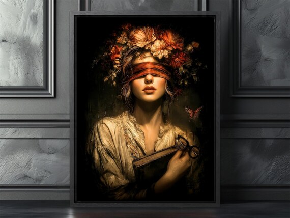 Blindfolded Woman with Floral Crown Dark Oil Painting Poster
