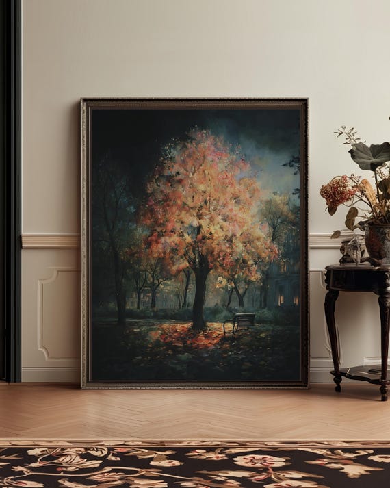 Autumn Tree Wall Art Moody Fall Park Scene Canvas Print Cozy Leaves Poster