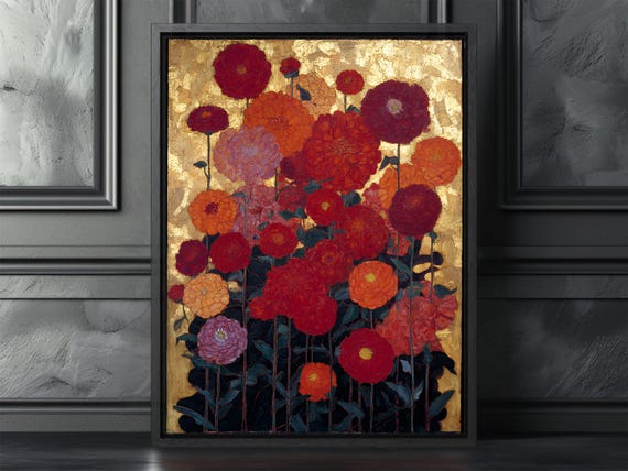 Red Floral Wall Art Vintage Botanical Print Elegant Statement Decor
