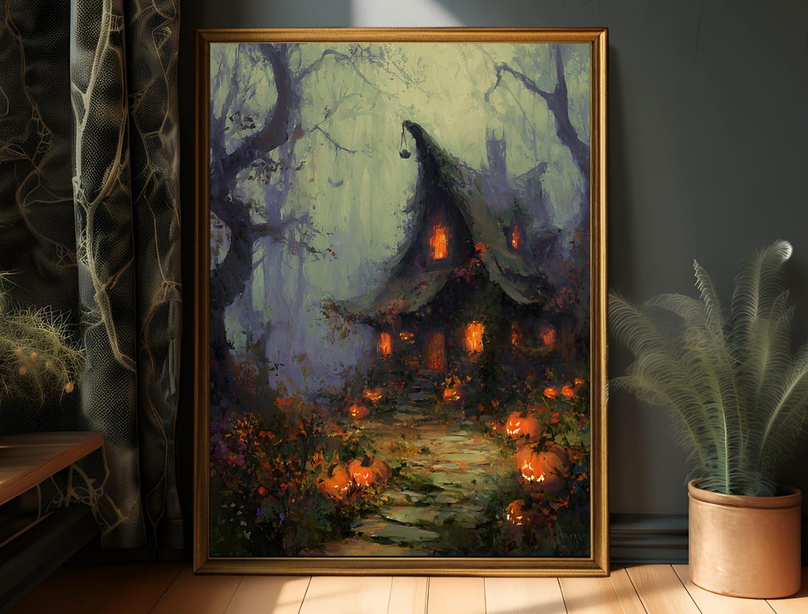 Haunted Witch Cottage Glowing Pumpkins Misty Forest Halloween Poster