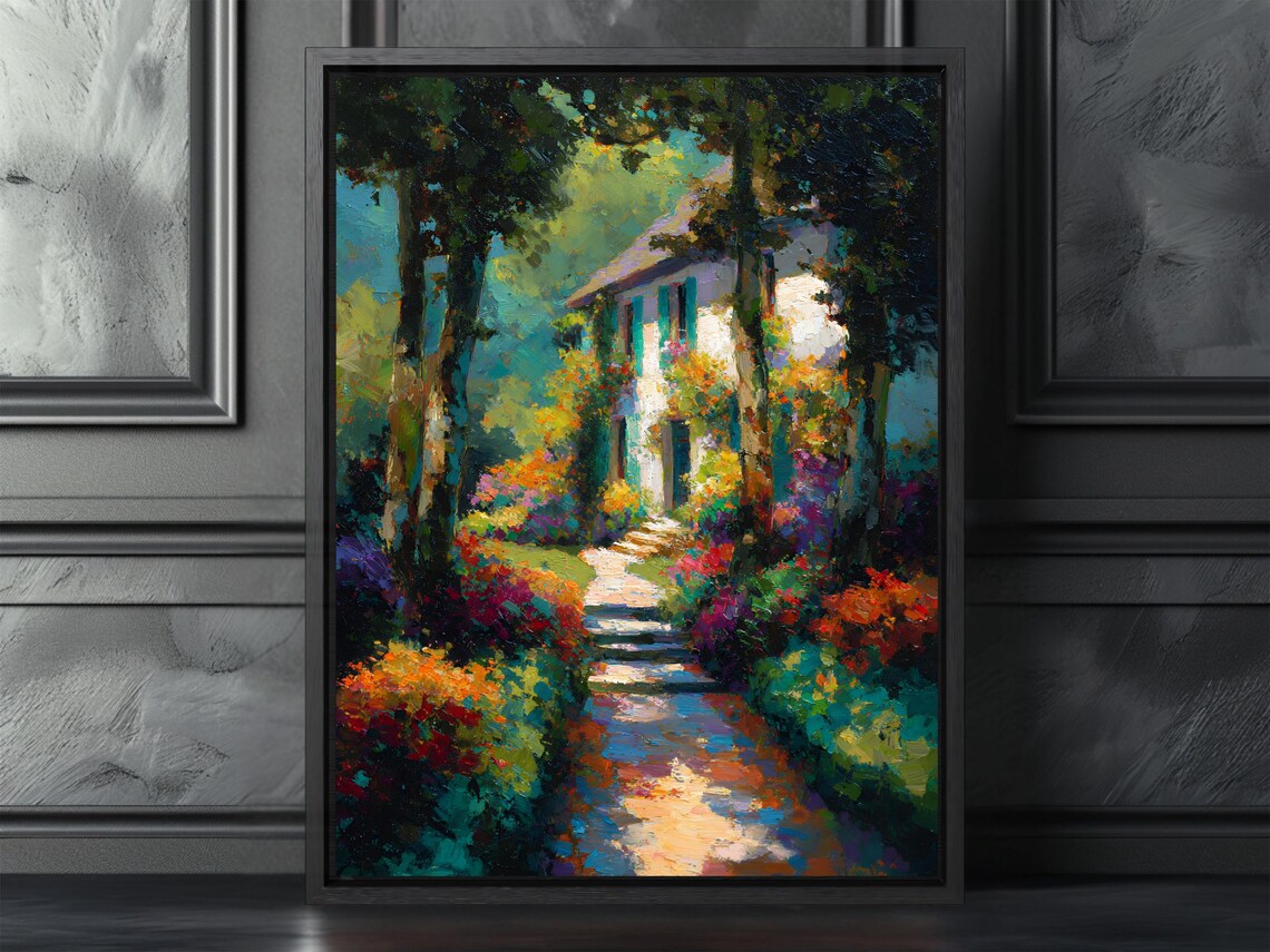 Sunlit Cottage Garden Path Impressionist Floral Oil Painting Poster