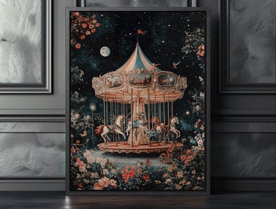 Starry Night Carousel Wall Art Enchanted Storybook Carnival Print Dreamy Floating Canvas For Nursery Bedroom Decor