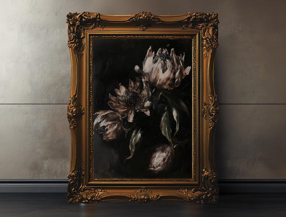 Dark Floral Wall Art Moody Flower Canvas Print Vintage Botanical Black Painting Dramatic Decor Framed
