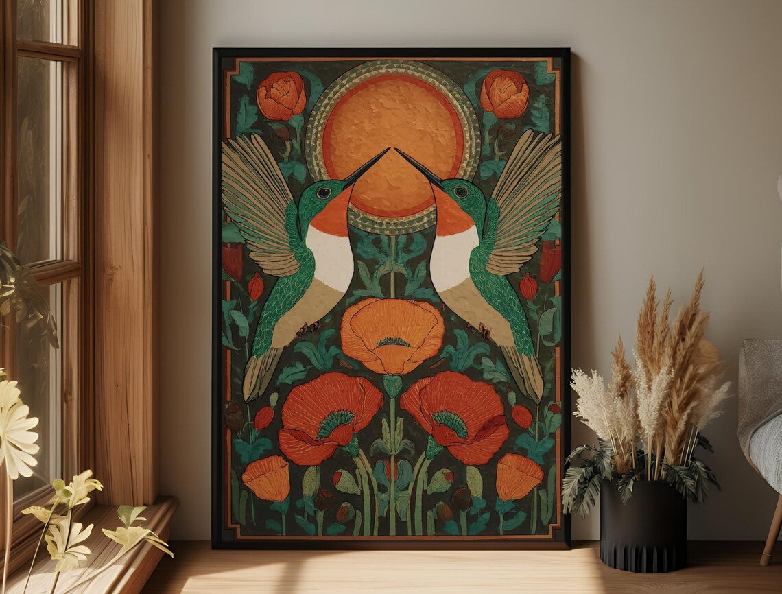 Hummingbird Folk Art Print, Boho Botanical Poster
