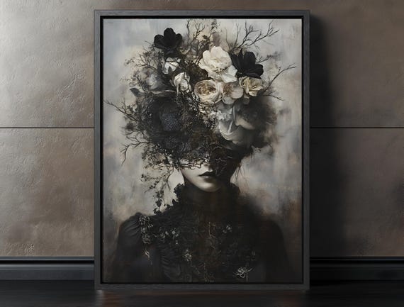 Moody Vintage Portrait Wall Art Dark Floral Woman Print Antiquestyle Masked Figure Canvas Romantic Victorian Artwork Old World Decor