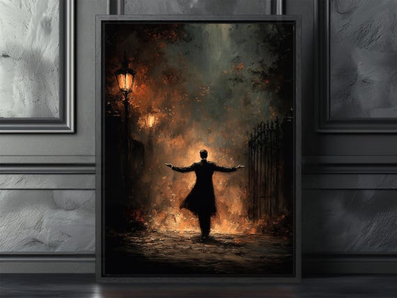 Victorian Gentleman Gaslit Cobblestone Street Night Silhouette Poster