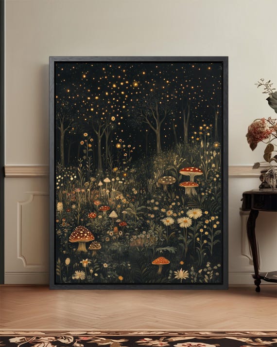 Mushroom Forest Fireflies Night Meadow Gothic Botanical Poster