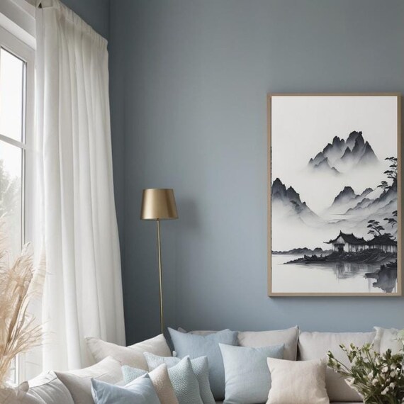 Black And White Japanese Water Paint Style Mountains Art