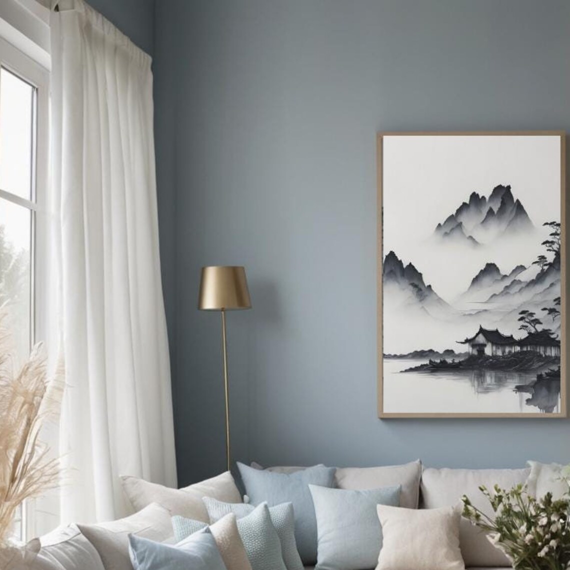 Japanese Ink Wash Misty Mountains Pagoda Lake Sumi-e Wall Art