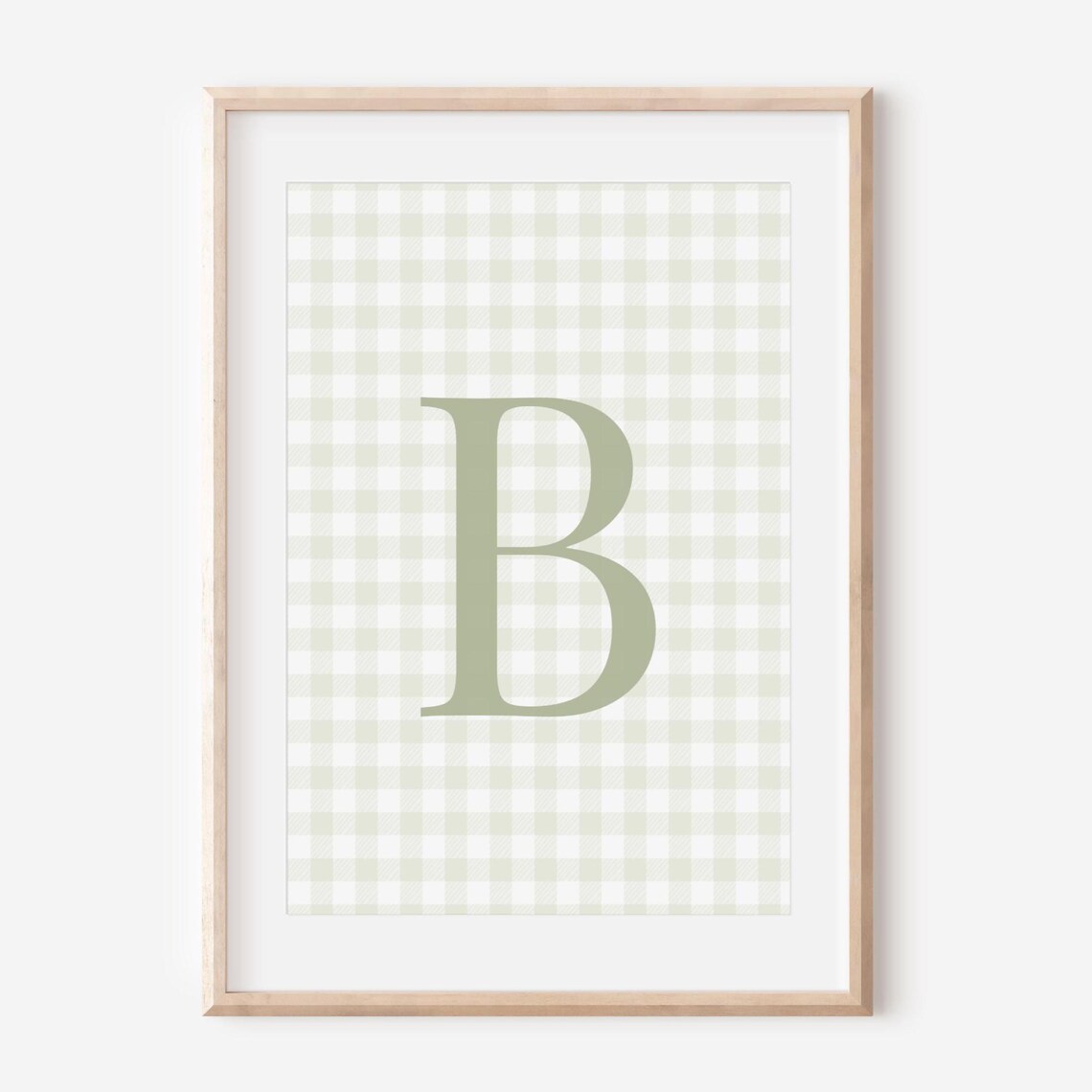 Sage Green Nursery Gingham Wall Decor Customizable Gender Neutral Baby Bedroom Hanging Personalized Kid Initial Play Room Poster