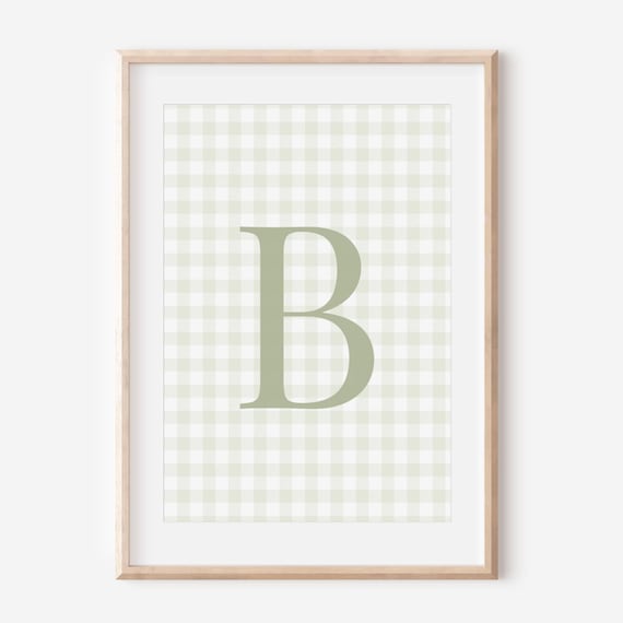 Sage Green Gingham Letter B Nursery Art Print Personalized Initial Decor