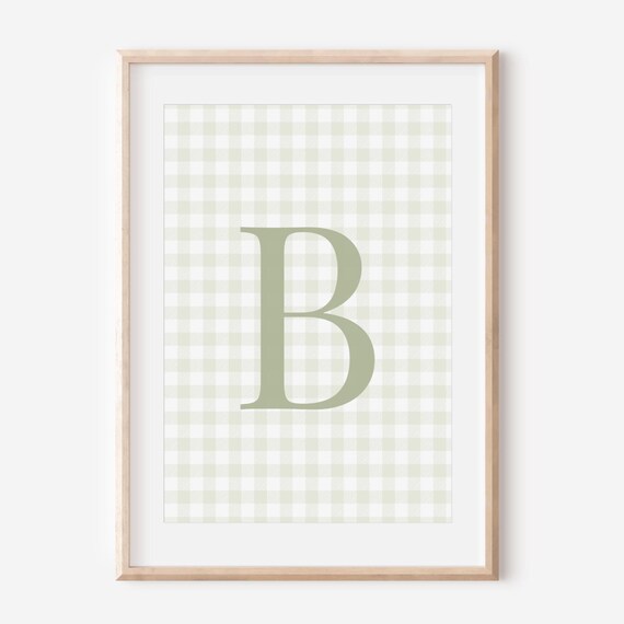 Sage Green Nursery Gingham Wall Decor Customizable Gender Neutral Baby Bedroom Hanging Personalized Kid Initial Play Room Poster
