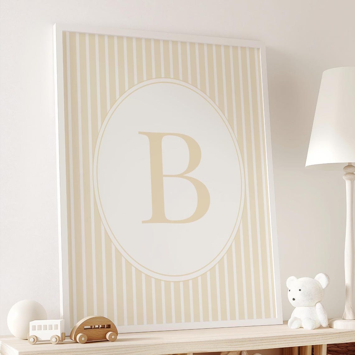 Personalized Beige Striped Nursery Initial Letter B Baby Wall Art
