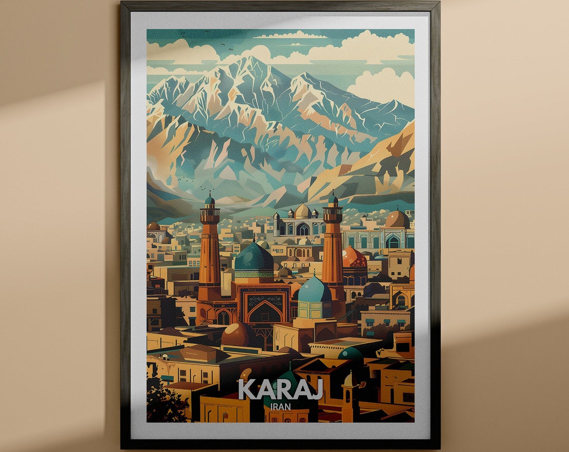 Karaj Iran Blue Dome Mosques Mountain City Skyline Travel Poster