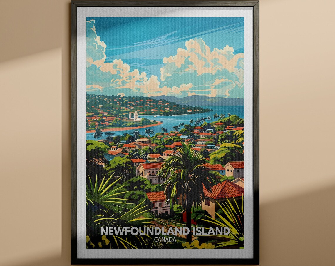 Newfoundland Island Canada Travel Poster Tropical Coastal Town Scene