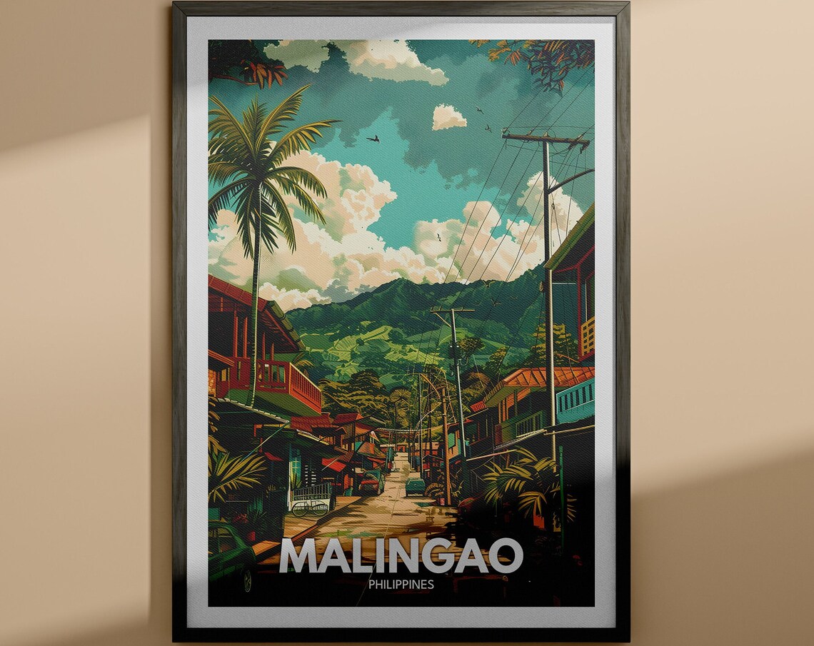 Malingao Philippines Mountain Village Street Palm Travel Poster
