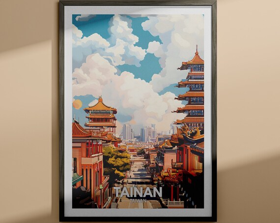 Tainan Taiwan Old Temple Roofs Historic Street Vintage Travel Poster
