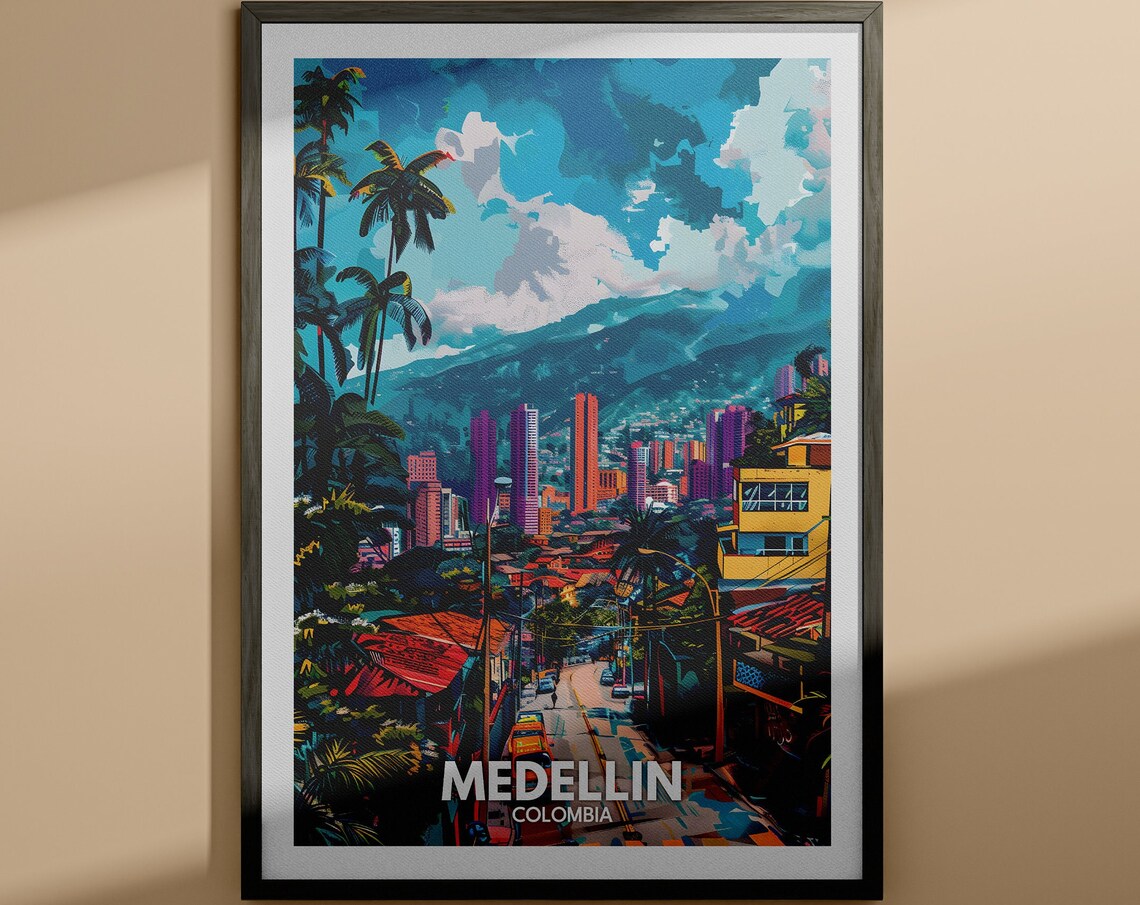 Medellin Colombia Colorful Hillside Street Mountain View Poster