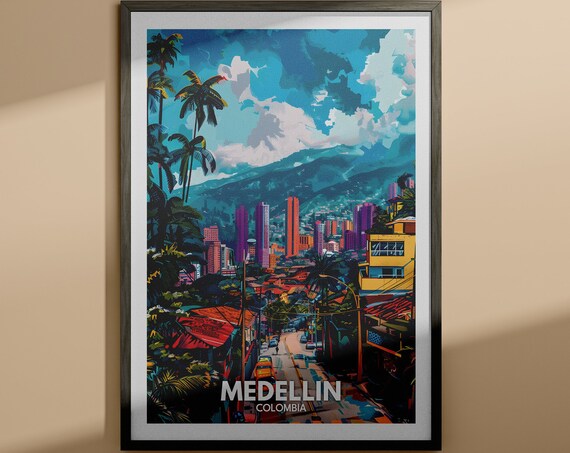 Medellin Colombia Colorful Hillside Street Mountain View Poster