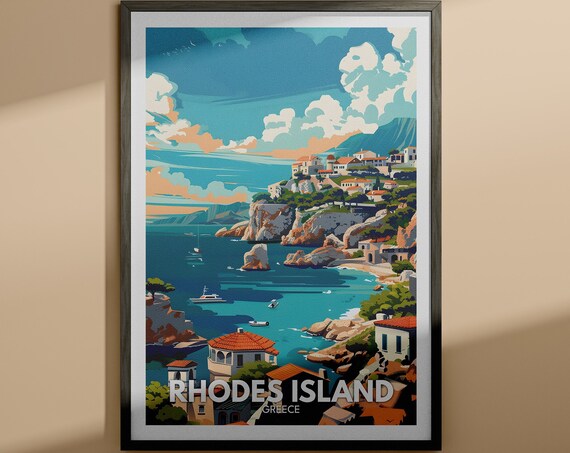 Rhodes Island Greece Turquoise Coast Cliffs Vintage Travel Poster