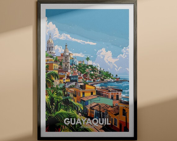 Guayaquil Ecuador Travel Poster Colorful Coastal City Churches Hillside