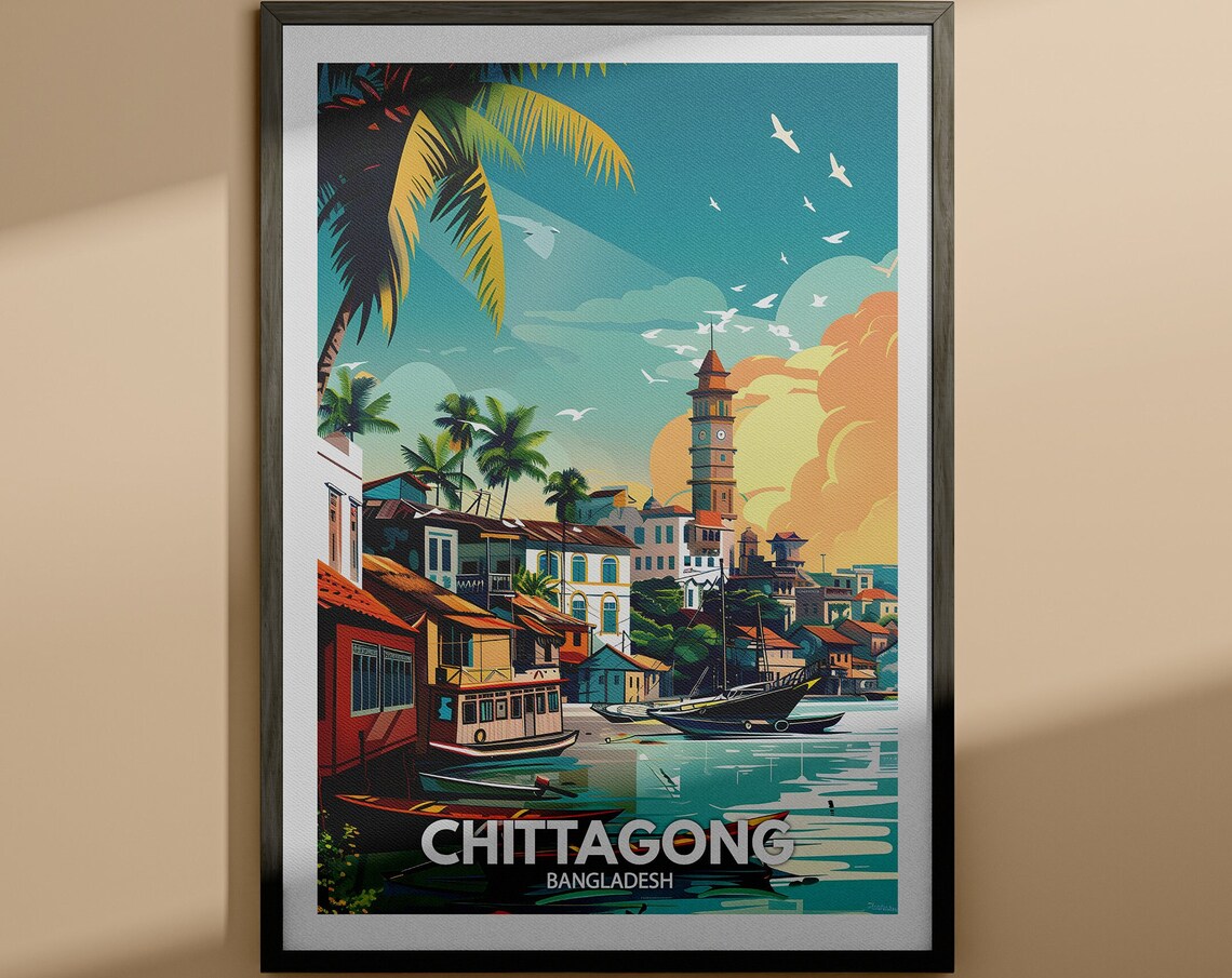 Chittagong Bangladesh Harbor Clock Tower Retro Travel Poster