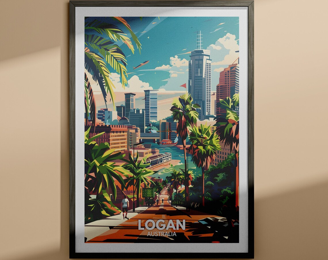 Logan Australia Palm Trees and City Skyline Vintage Travel Poster