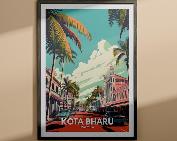 Kota Bharu Malaysia Palm Street Classic Cars Travel Poster Art