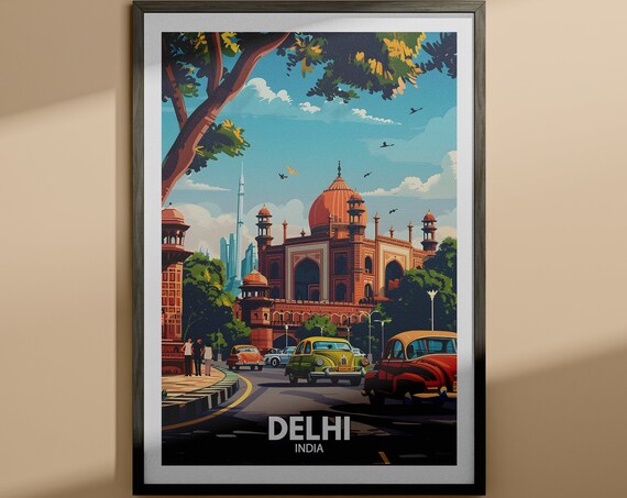 Delhi India Mughal Architecture Classic Cars Vintage Travel Poster