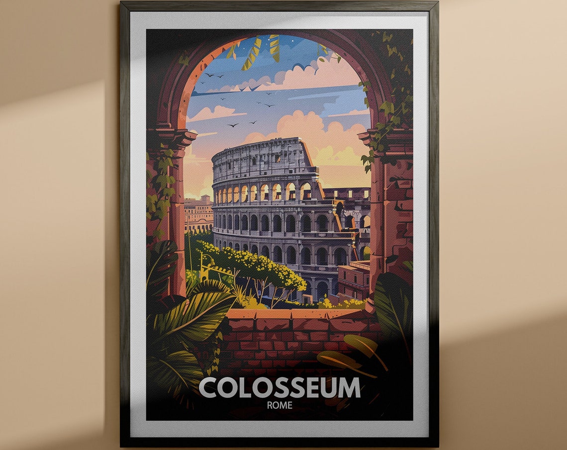 Colosseum Rome Italy Sunset View Through Ancient Arch Travel Poster