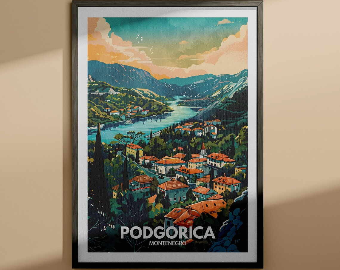 Podgorica Montenegro Vintage River Valley Travel Poster Town View