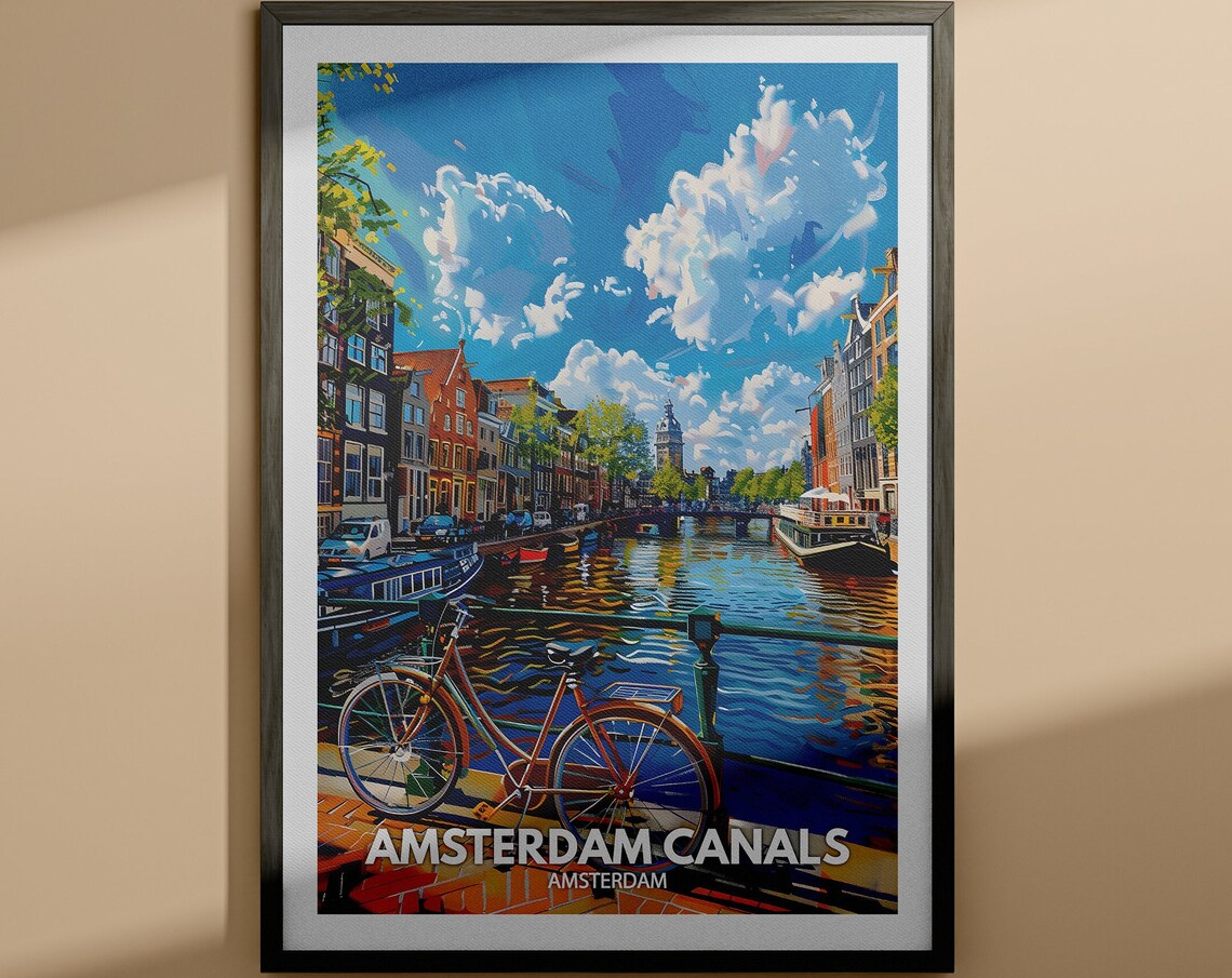 Amsterdam Canals Bicycle Houseboats Scenic Dutch City Travel Poster