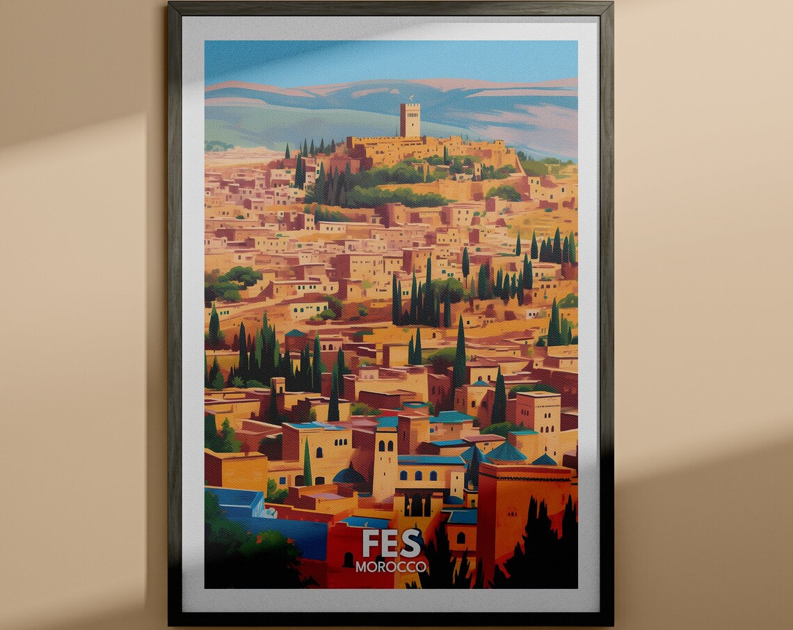 Fes Morocco Old Medina Hillside Golden City Vintage Travel Poster