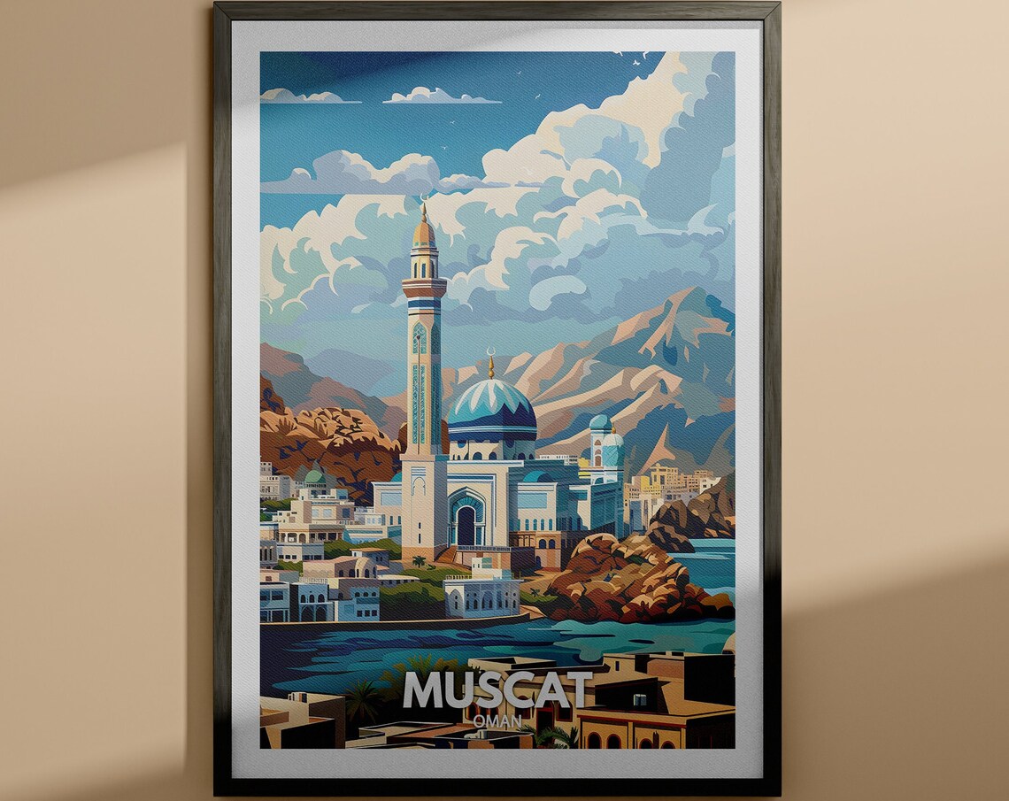 Muscat Oman Mosque Waterfront Vintage Illustration Travel Poster
