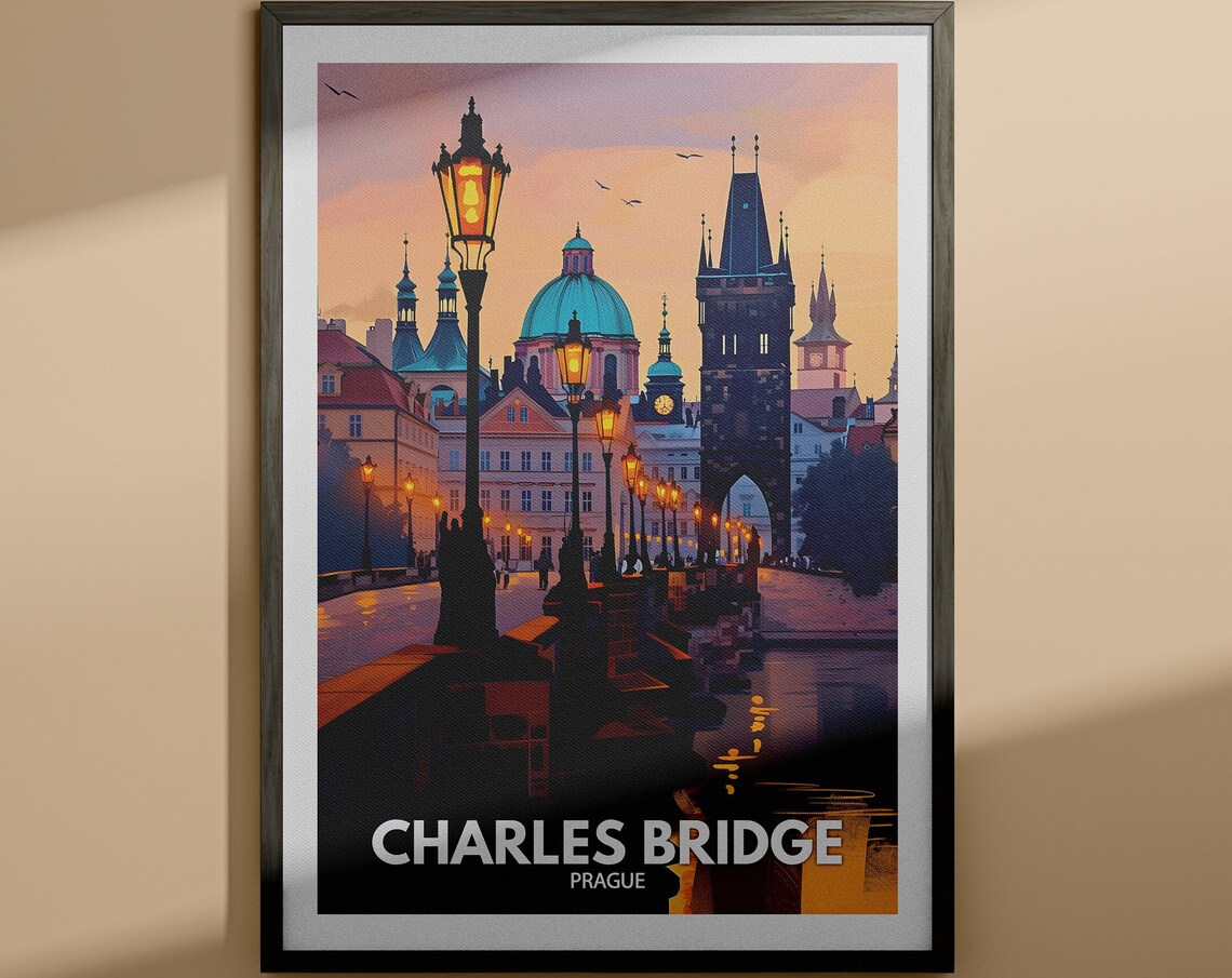 Charles Bridge Prague Sunset Old Town Lamp Vintage Travel Poster