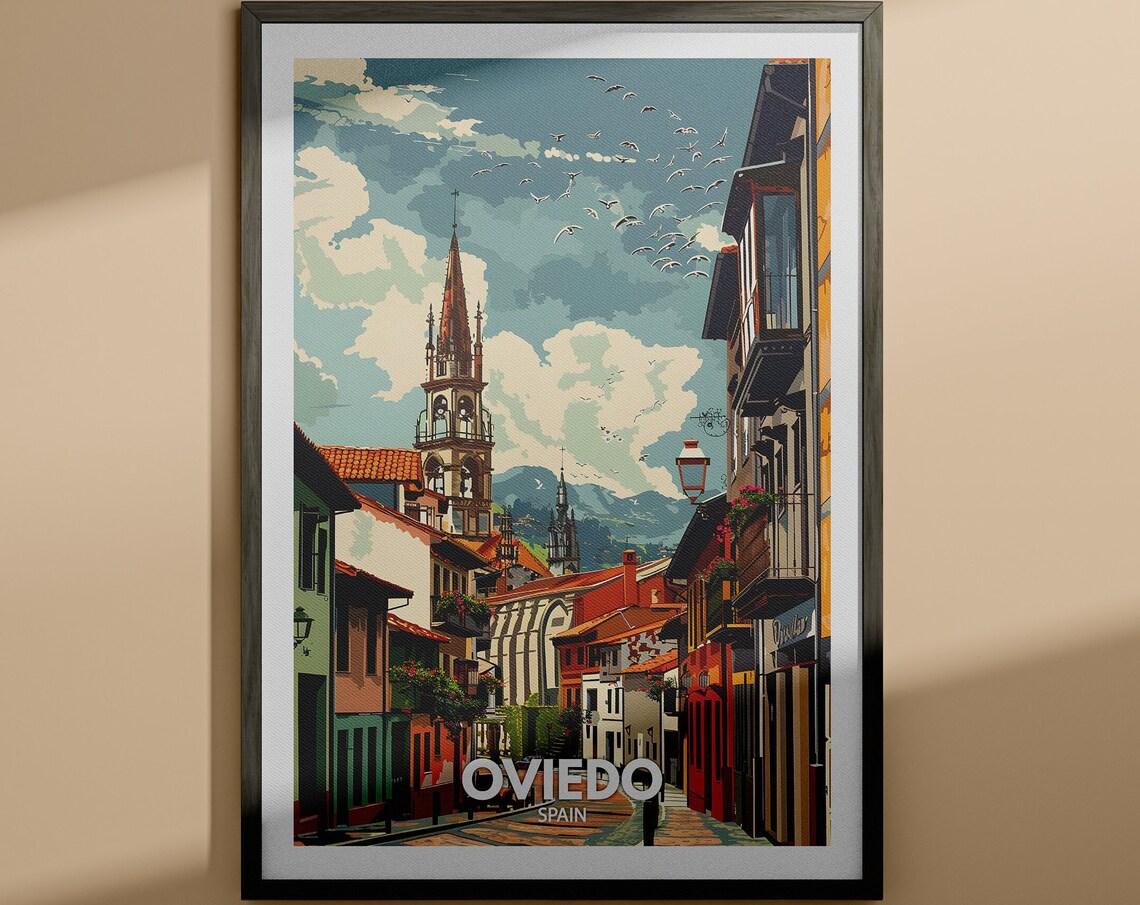 Oviedo Spain Old Town Church Tower Street Scene Travel Poster Art
