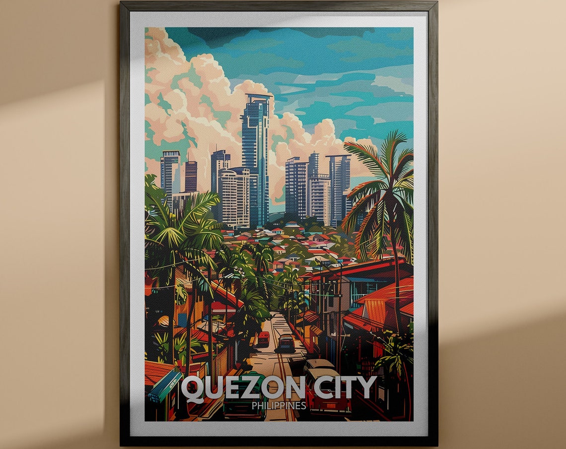 Quezon City Philippines Skyline Palm Trees Urban Travel Poster
