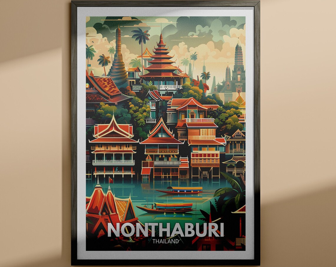 Nonthaburi Thailand Canal Temples Longtail Boats Travel Poster