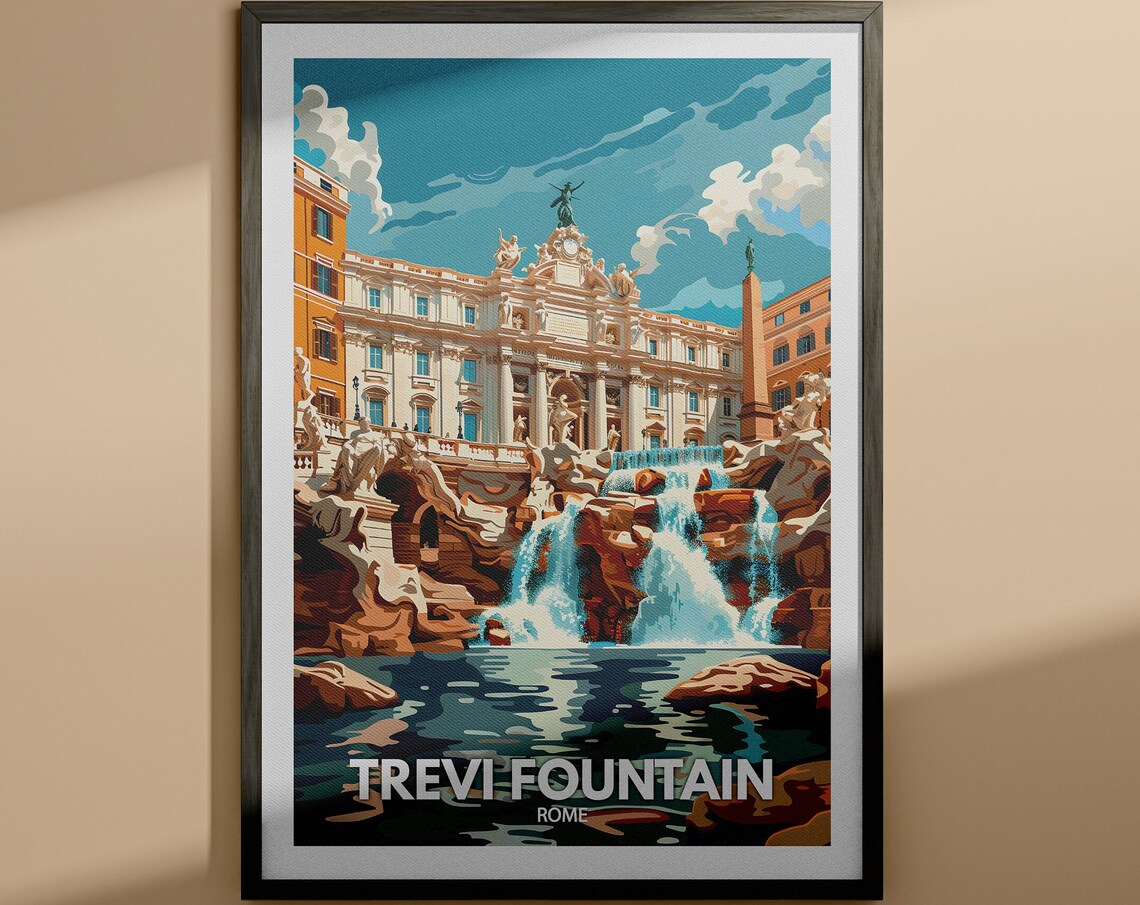Trevi Fountain Rome Italy Baroque Waterfall Vintage Travel Poster