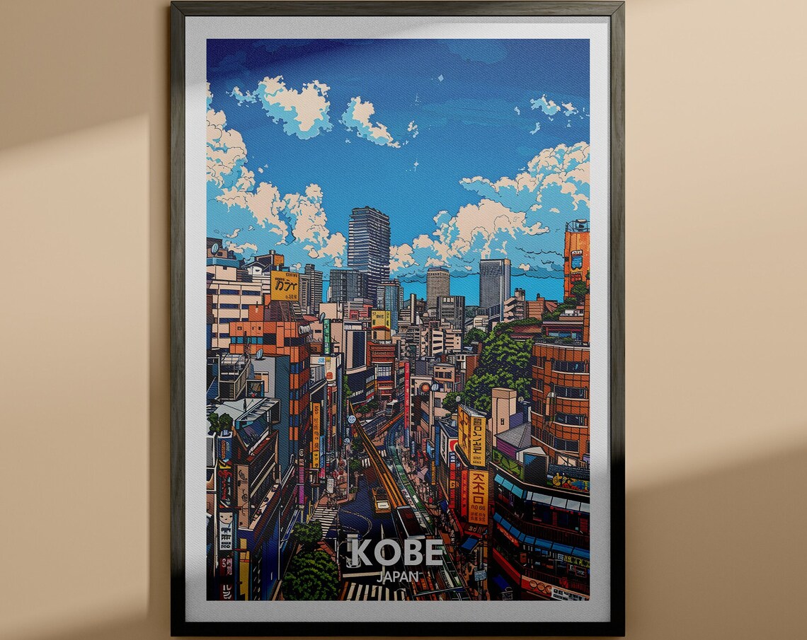 Kobe Japan Downtown Shopping Street Colorful Signs Travel Art Poster