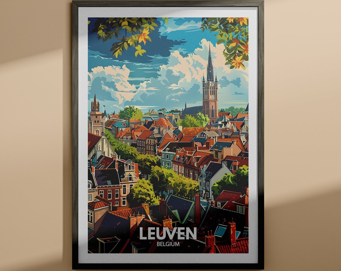 Leuven Belgium Historic Rooftops Church Spire Vintage Travel Poster