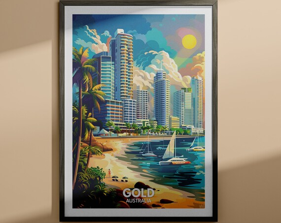 Gold Coast Australia Beach Skyline Sailboats Vintage Travel Poster