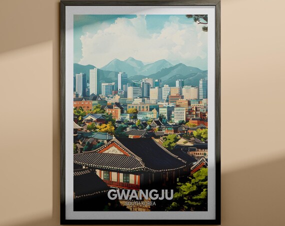 Gwangju South Korea City Mountain Skyline Vintage Travel Poster