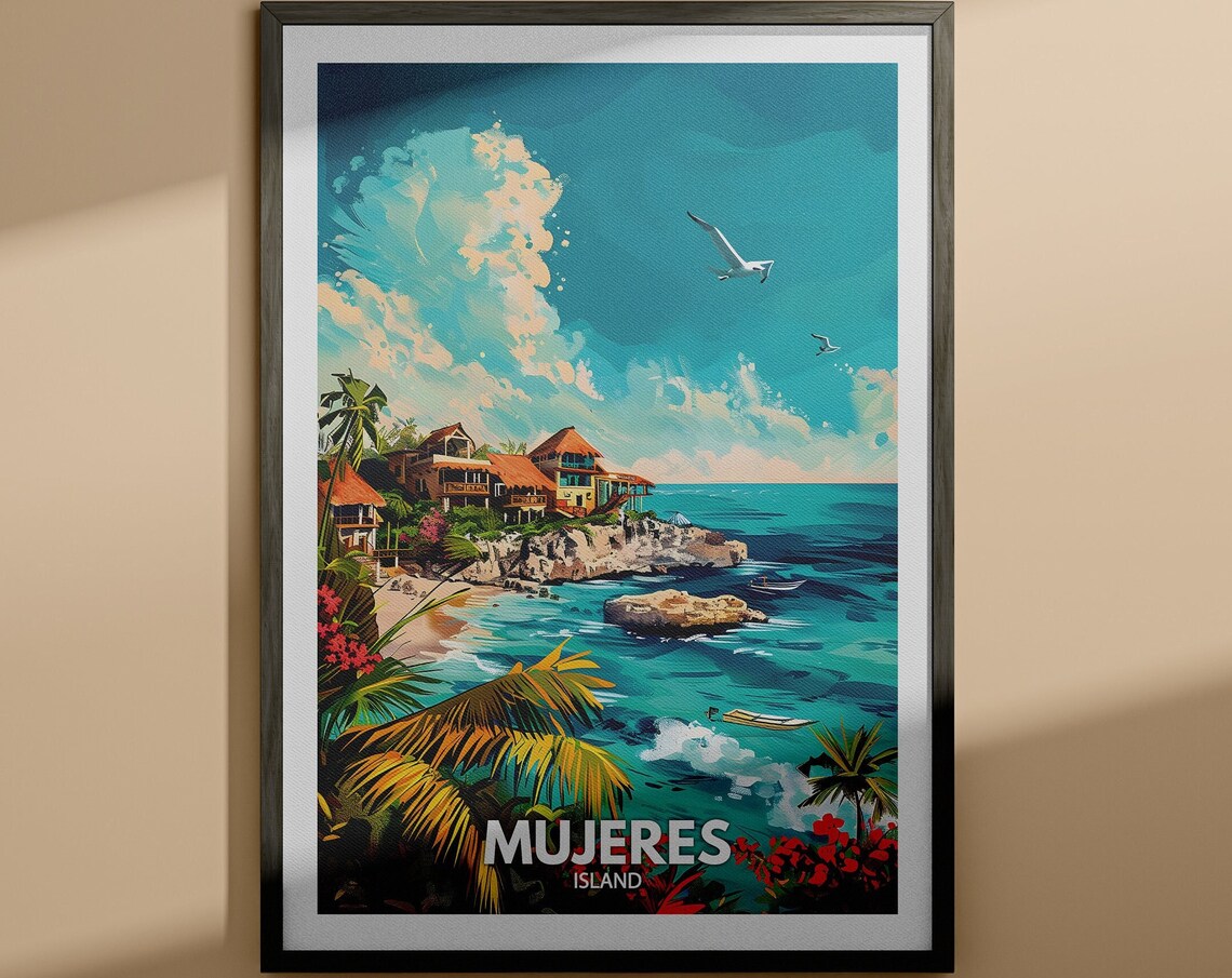 Mujeres Island Tropical Cliffside Resort Turquoise Sea Beach Travel Poster