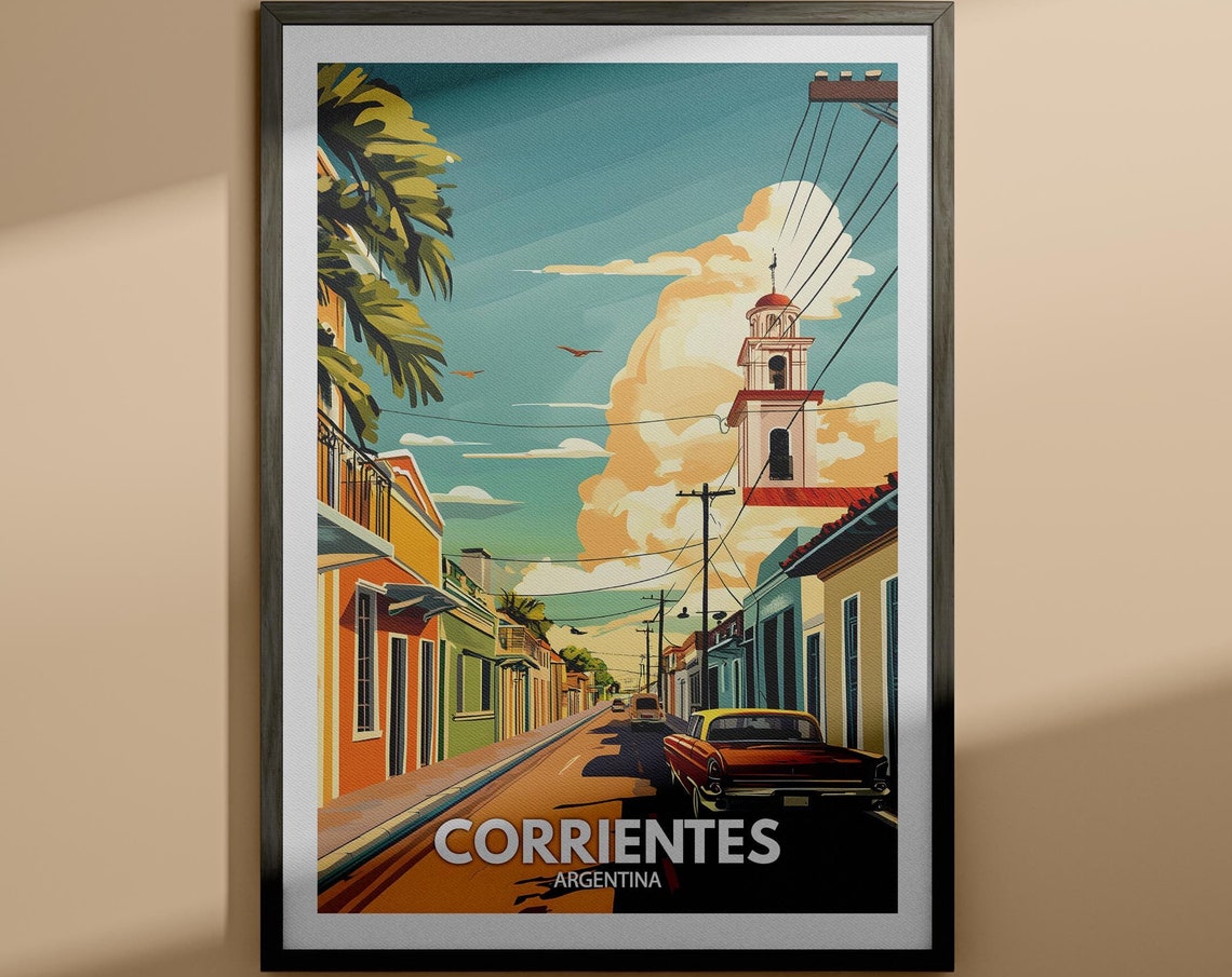 Corrientes Argentina Bell Tower Street Vintage Travel Poster